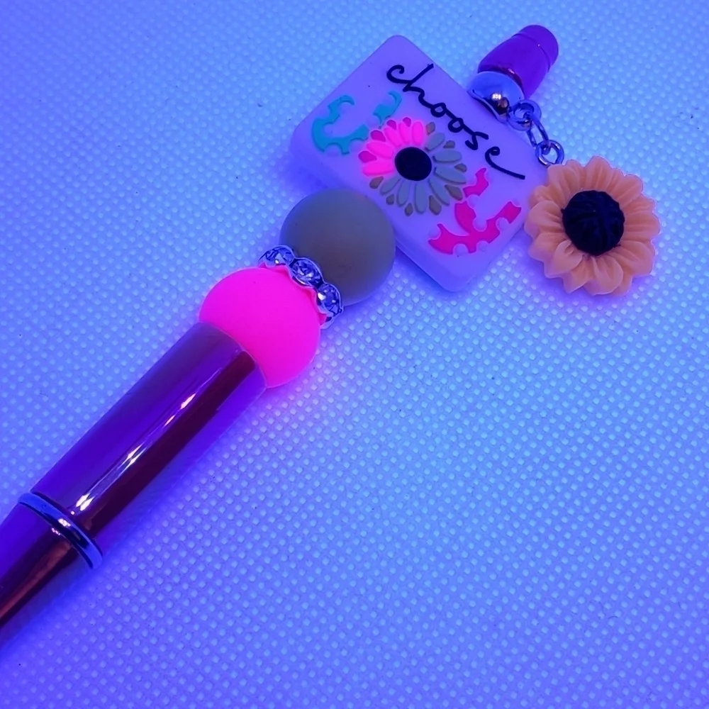 Handmade UV Iridescent Choose Joy Sunflower Beaded Silicone Focal Bead Pen